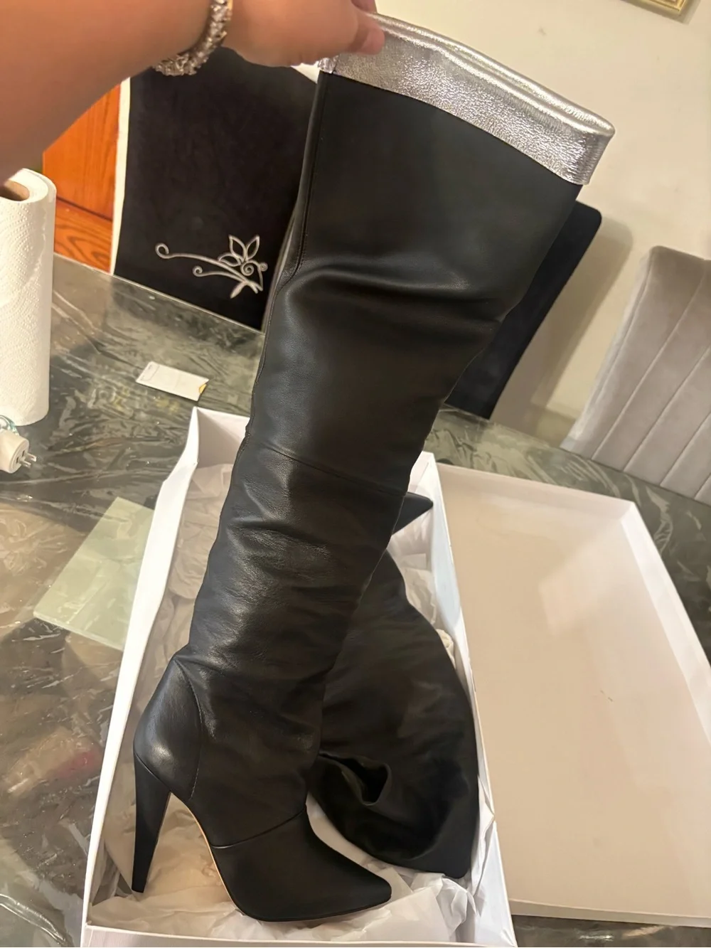 IRO Black Leather Over-the-Knee Boots with Silver Cuff